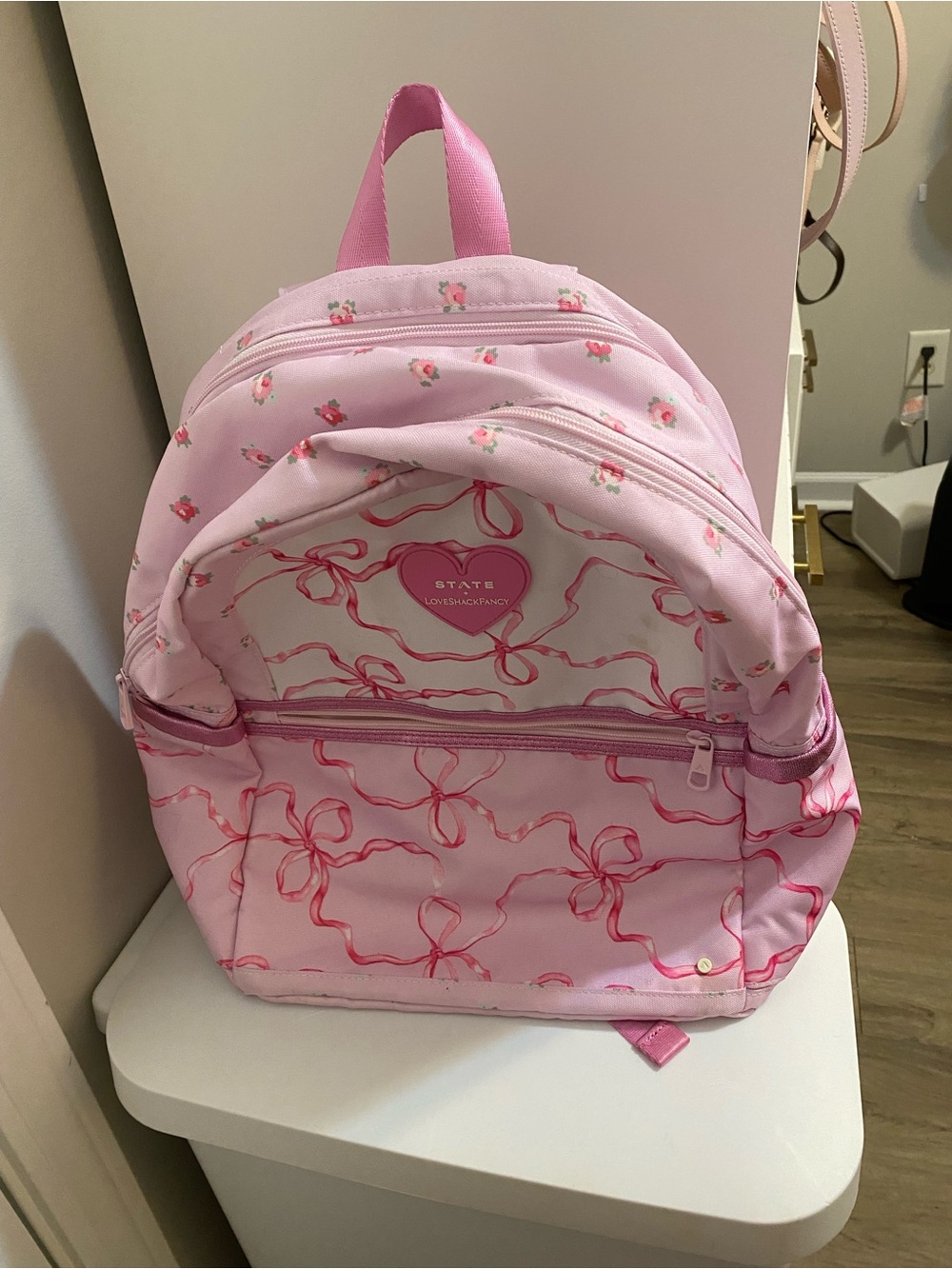 STATE Loveshackfancy pink Backpack with Ribbon Print